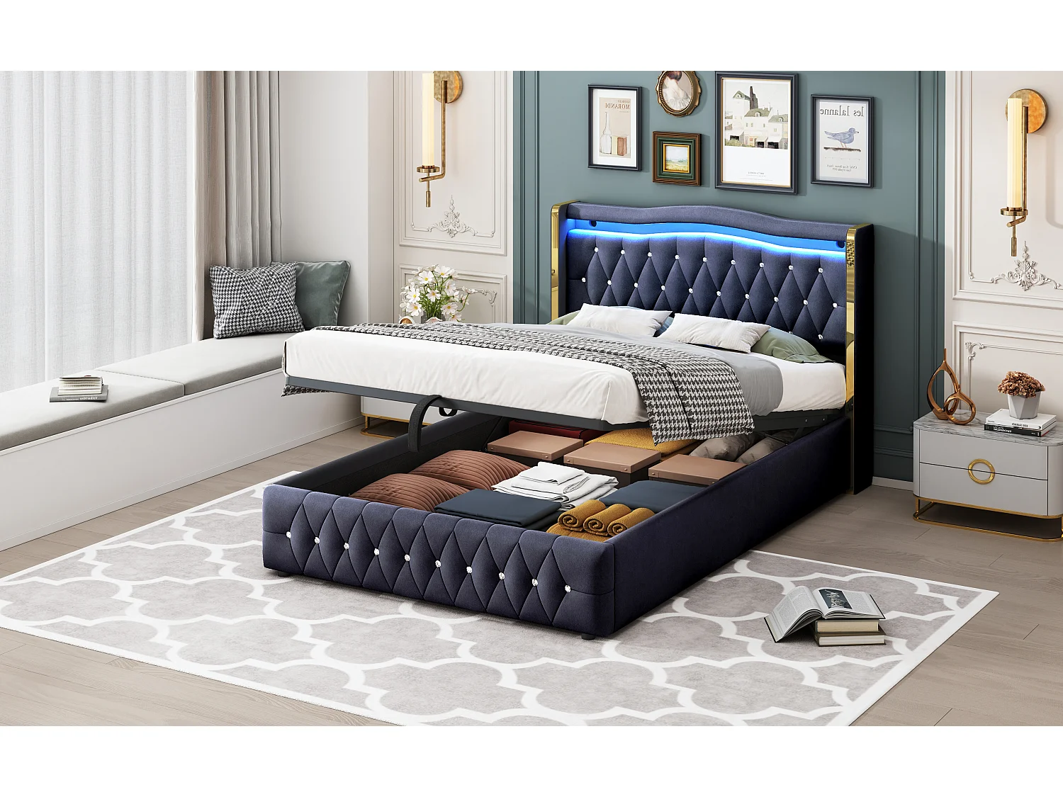 Lit double 140×200 cm avec pieds larges et décor en stries, éclairage LED changeant de couleur, rangement hydraulique