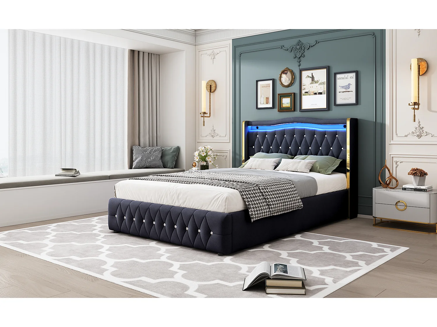 Lit double 140×200 cm avec pieds larges et décor en stries, éclairage LED changeant de couleur, rangement hydraulique