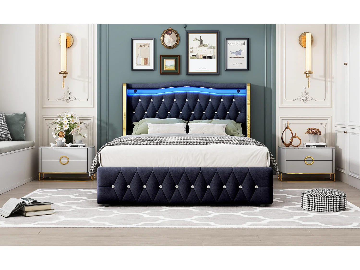 Lit double 140×200 cm avec pieds larges et décor en stries, éclairage LED changeant de couleur, rangement hydraulique