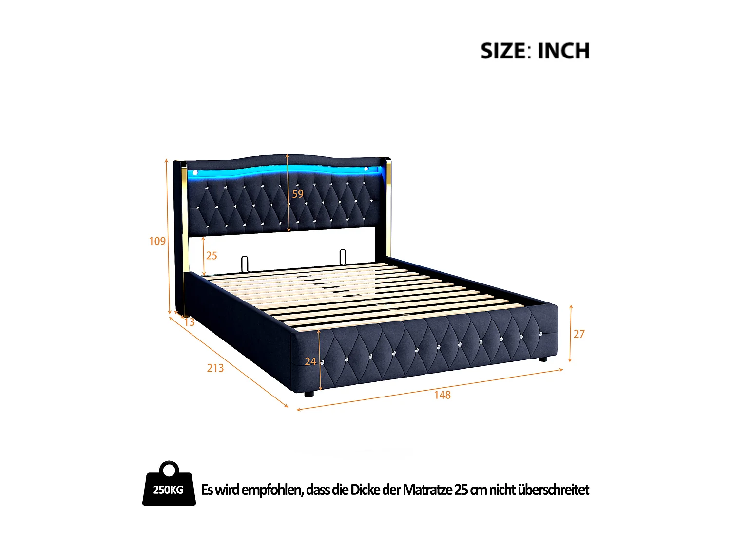 Lit double 140×200 cm avec pieds larges et décor en stries, éclairage LED changeant de couleur, rangement hydraulique