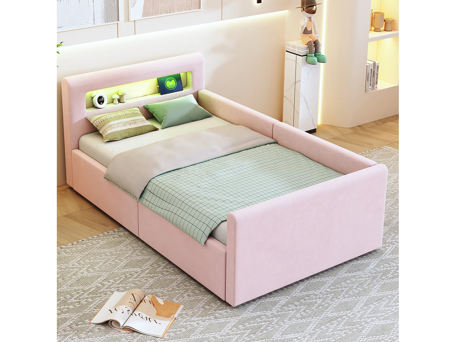 Lit enfant rembourré 90×200 cm, avec lumière LED, prise USB, rangement hydraulique et tissu en velours rose