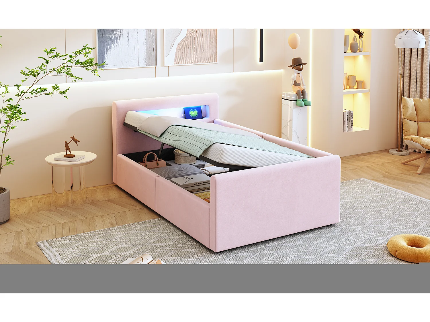 Lit enfant rembourré 90×200 cm, avec lumière LED, prise USB, rangement hydraulique et tissu en velours rose