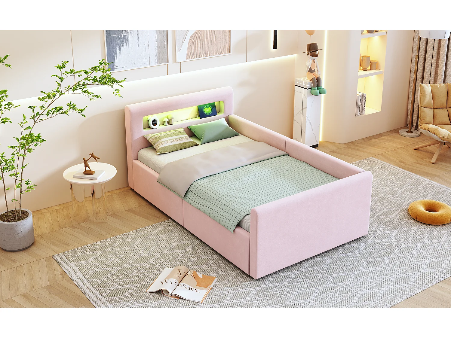 Lit enfant rembourré 90×200 cm, avec lumière LED, prise USB, rangement hydraulique et tissu en velours rose