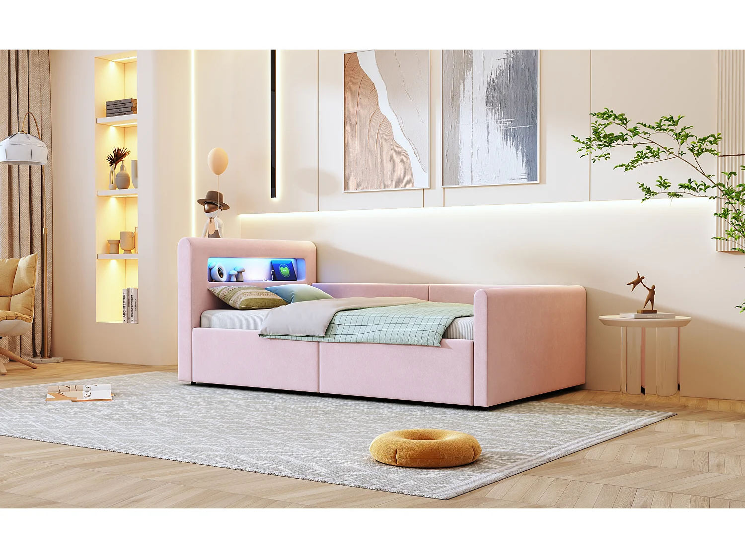 Lit enfant rembourré 90×200 cm, avec lumière LED, prise USB, rangement hydraulique et tissu en velours rose