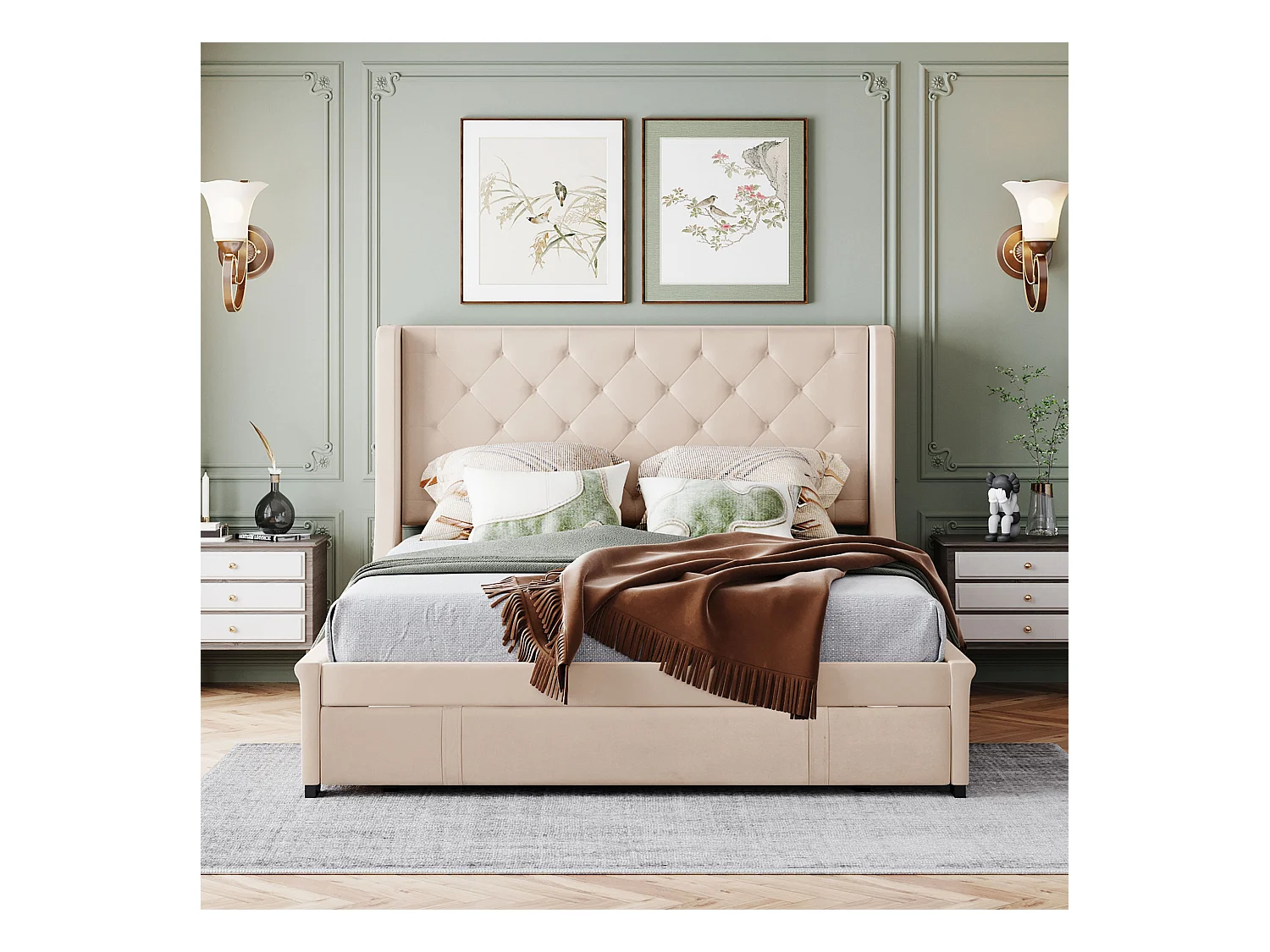 Lit rembourré 140x200 cm avec sommier, tête et grands tiroirs, tissu lin beige, lit adulte et junior, matelas non inclus