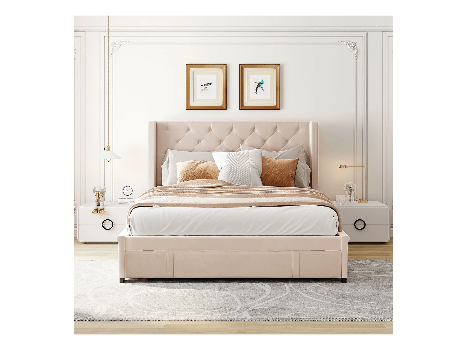 Lit rembourré 140x200 cm avec sommier, tête et grands tiroirs, tissu lin beige, lit adulte et junior, matelas non inclus