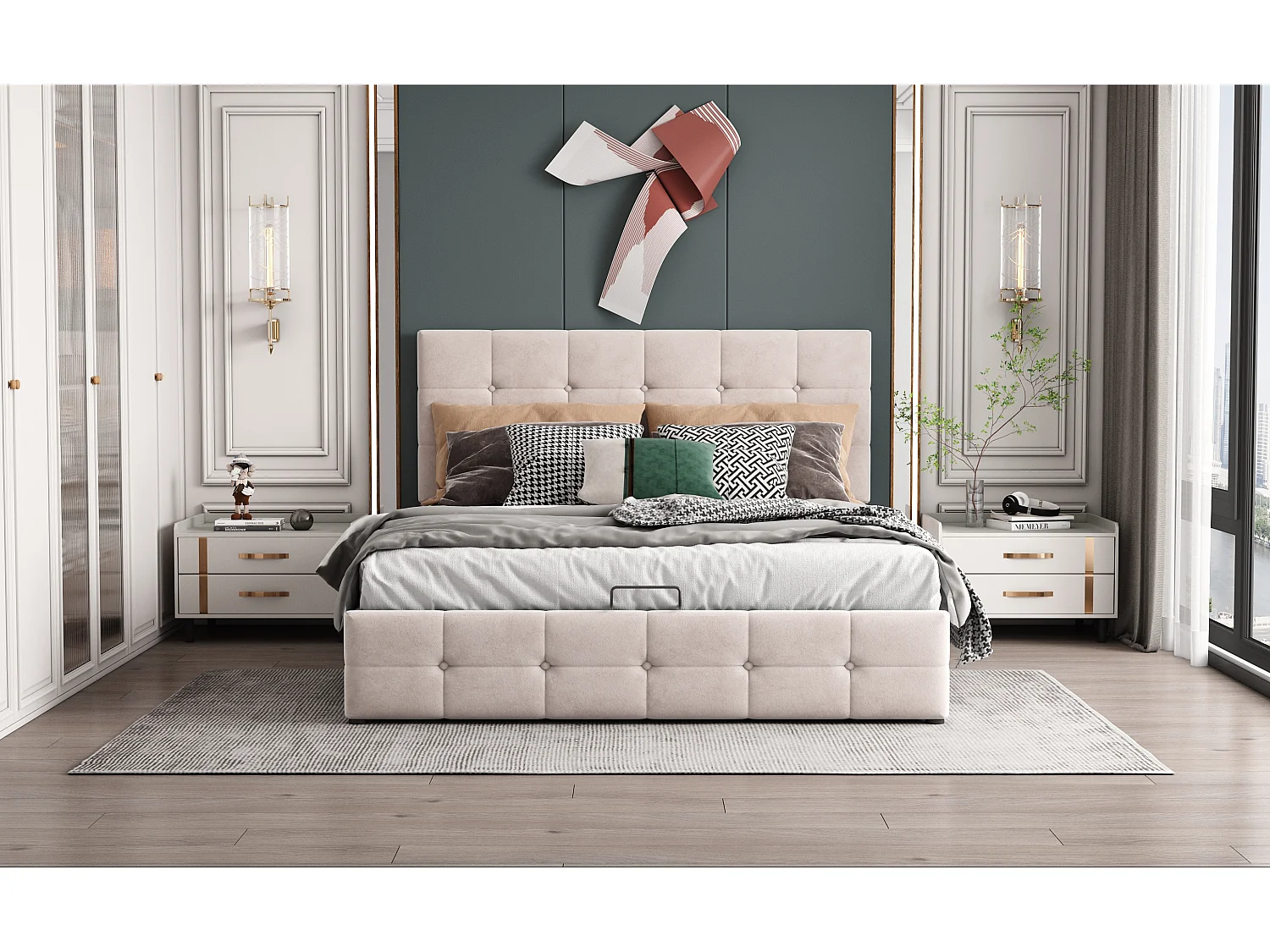 Lit rembourré 140x200 cm avec rangement hydraulique, tête réglable, sommier métal, velours crème, lit adulte