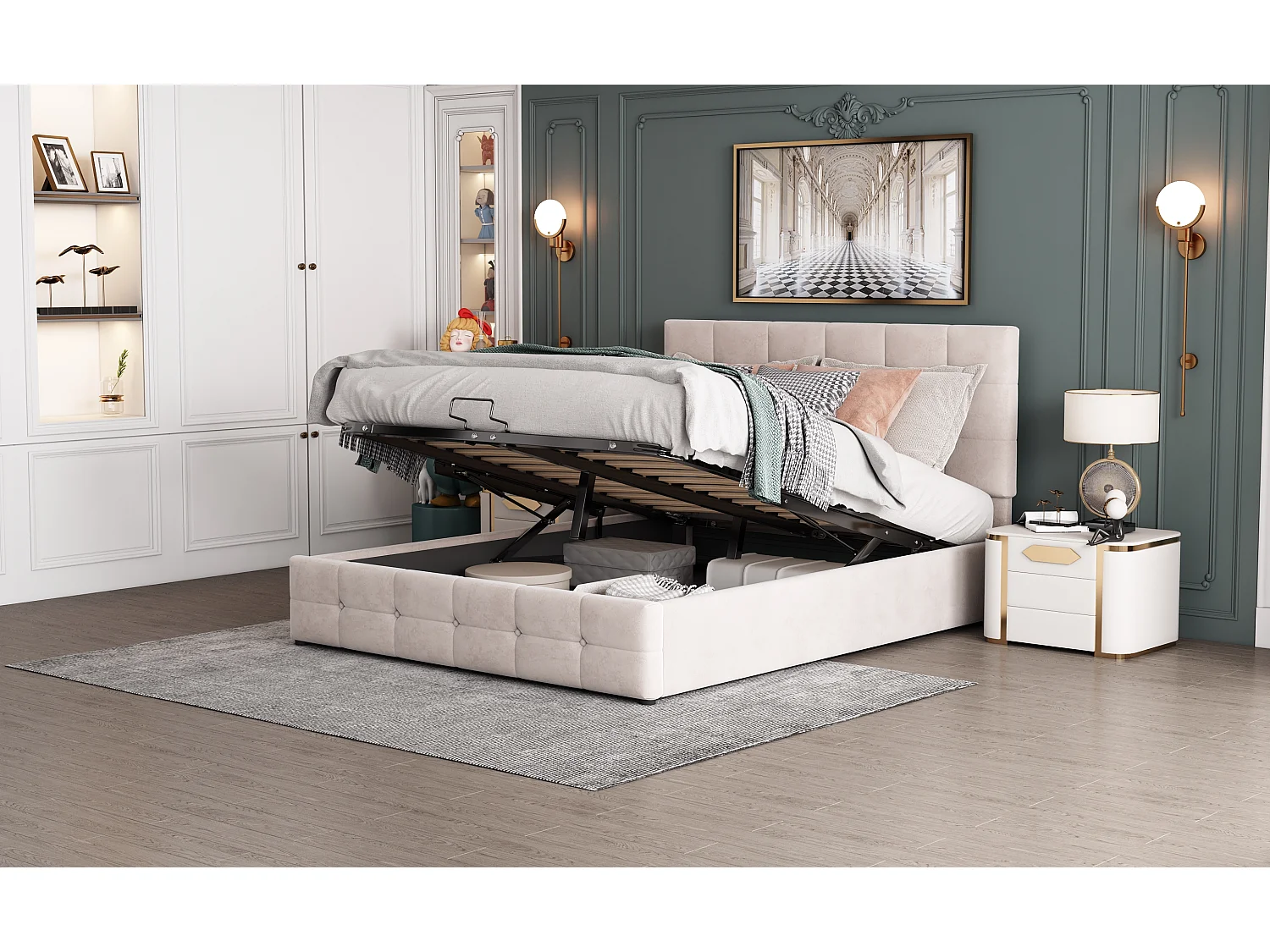 Lit rembourré 140x200 cm avec rangement hydraulique, tête réglable, sommier métal, velours crème, lit adulte