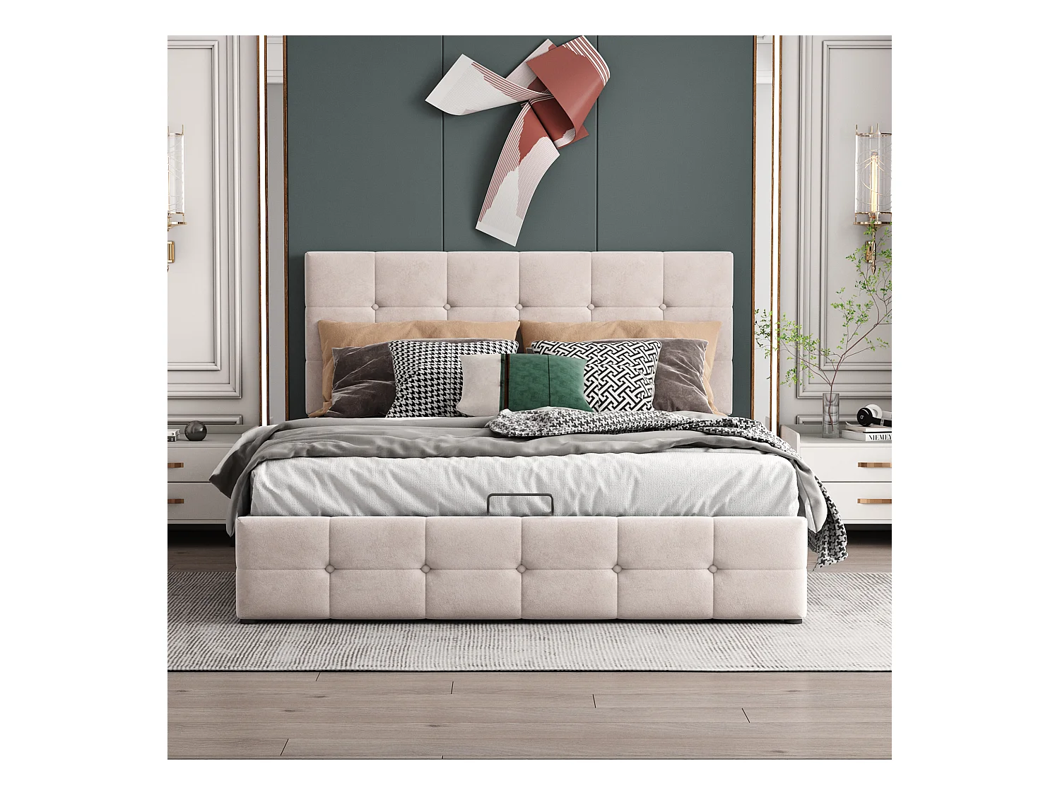 Lit rembourré 140x200 cm avec rangement hydraulique, tête réglable, sommier métal, velours crème, lit adulte