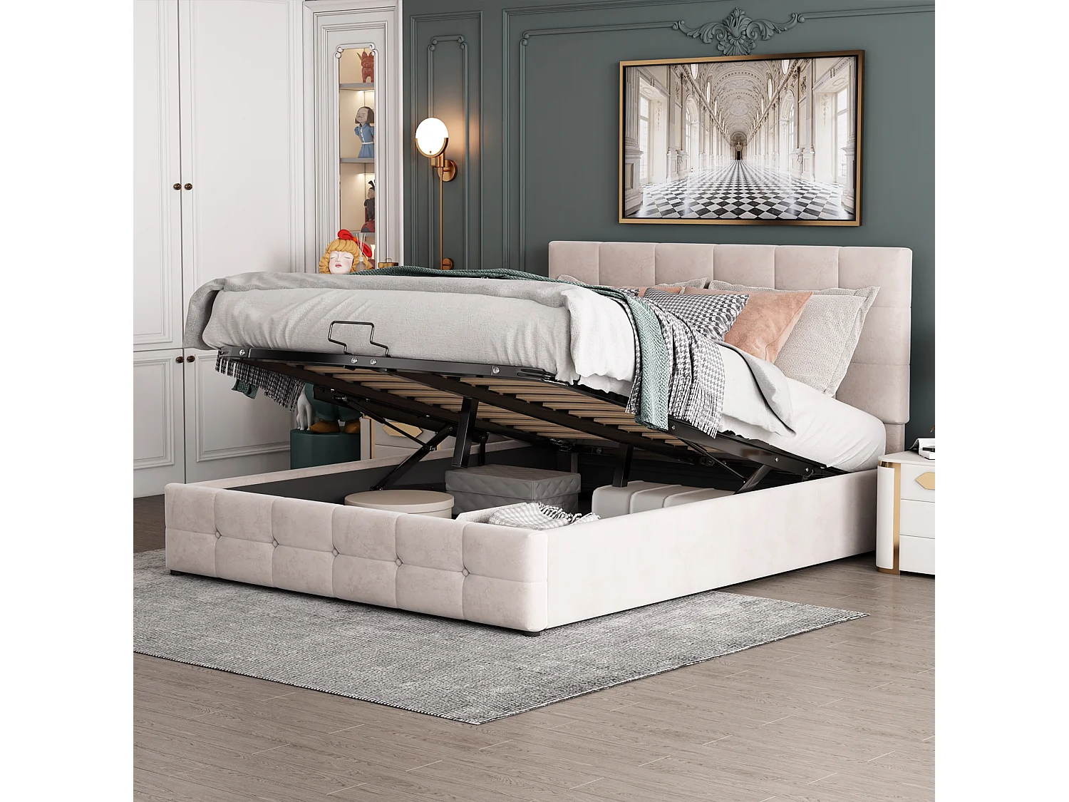 Lit rembourré 140x200 cm avec rangement hydraulique, tête réglable, sommier métal, velours crème, lit adulte