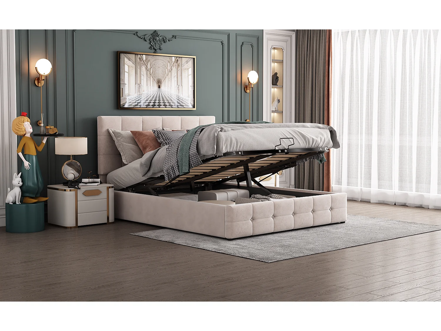 Lit rembourré 140x200 cm avec rangement hydraulique, tête réglable, sommier métal, velours crème, lit adulte