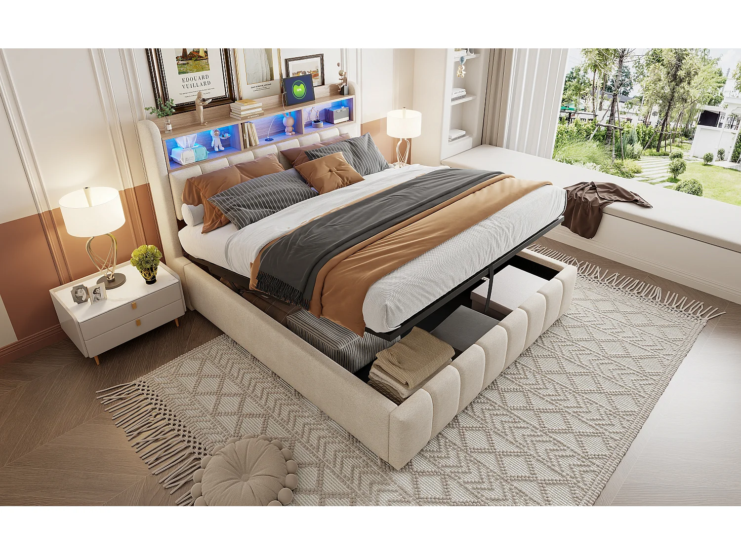 Lit rembourré 180×200 cm avec éclairage LED et prise USB, tête de lit avec étagères et rangement, hydraulique