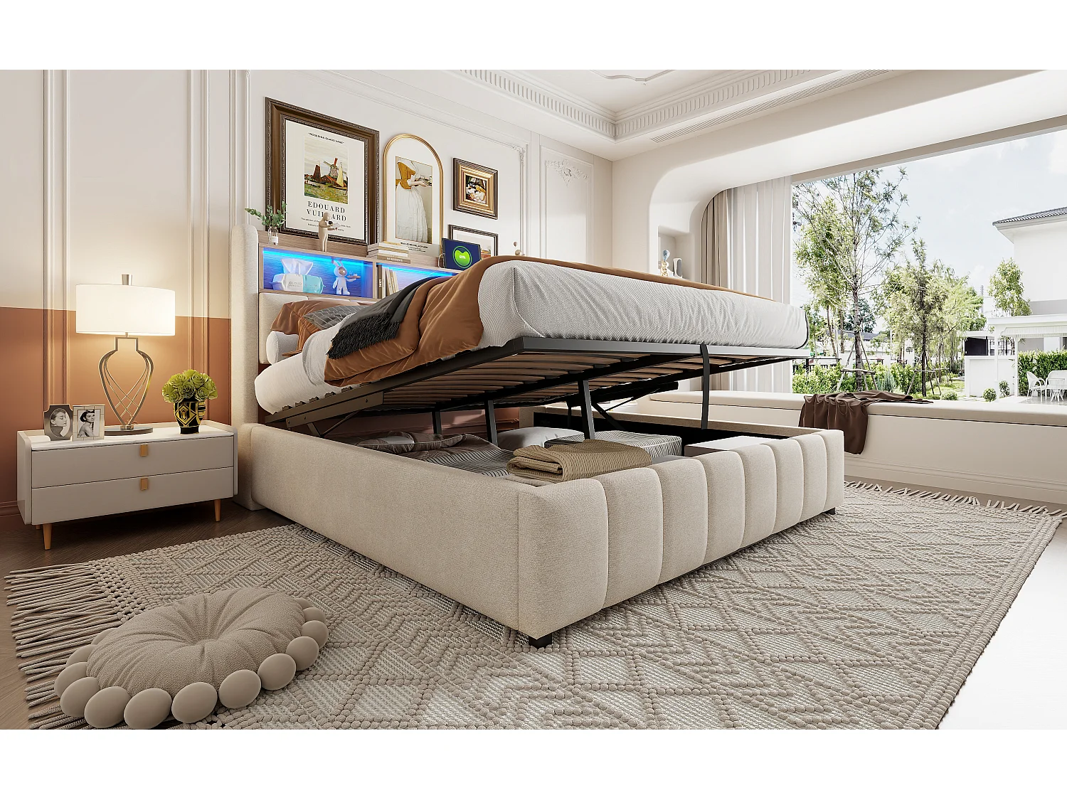 Lit rembourré 180×200 cm avec éclairage LED et prise USB, tête de lit avec étagères et rangement, hydraulique