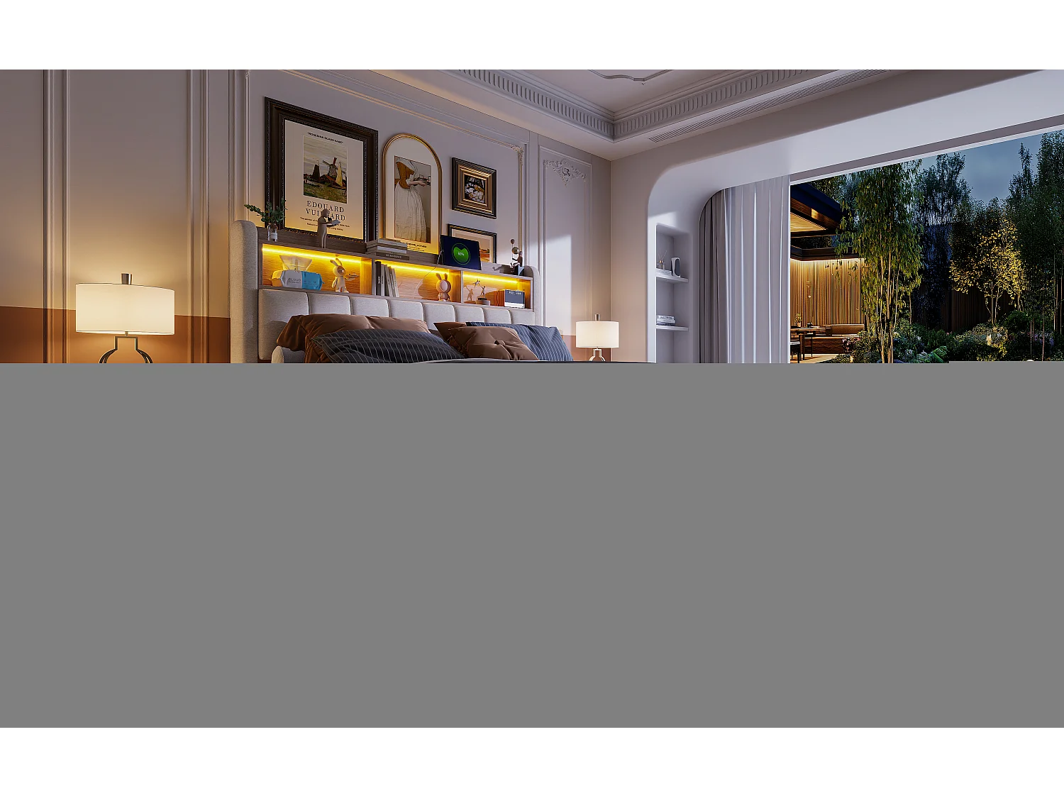 Lit rembourré 180×200 cm avec éclairage LED et prise USB, tête de lit avec étagères et rangement, hydraulique