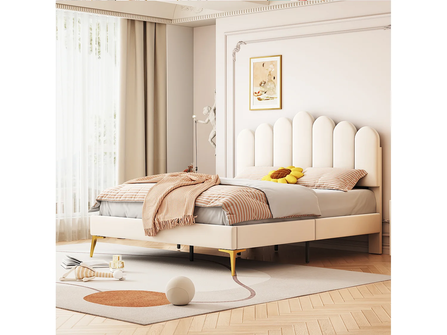 Lit rembourré 140x200 cm avec tête et sommier, velours beige, lit adulte ou junior, couchage supplémentaire