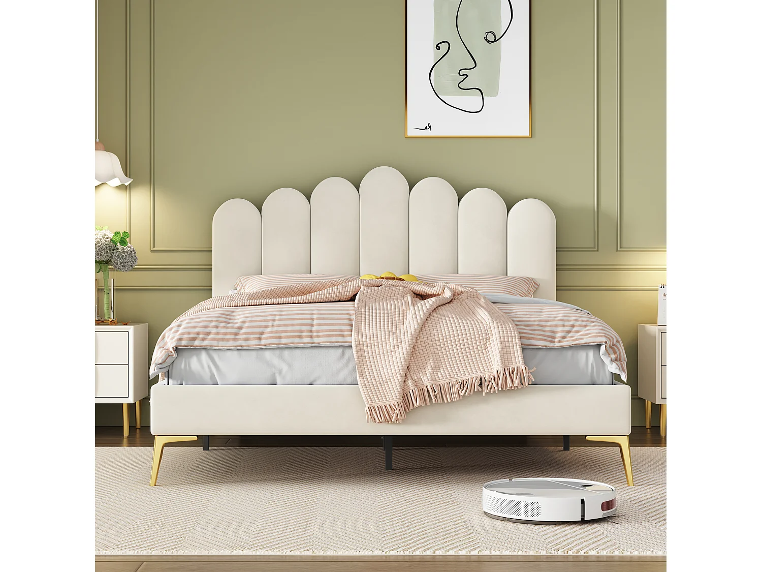 Lit rembourré 140x200 cm avec tête et sommier, velours beige, lit adulte ou junior, couchage supplémentaire