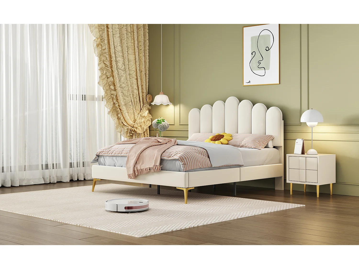 Lit rembourré 140x200 cm avec tête et sommier, velours beige, lit adulte ou junior, couchage supplémentaire