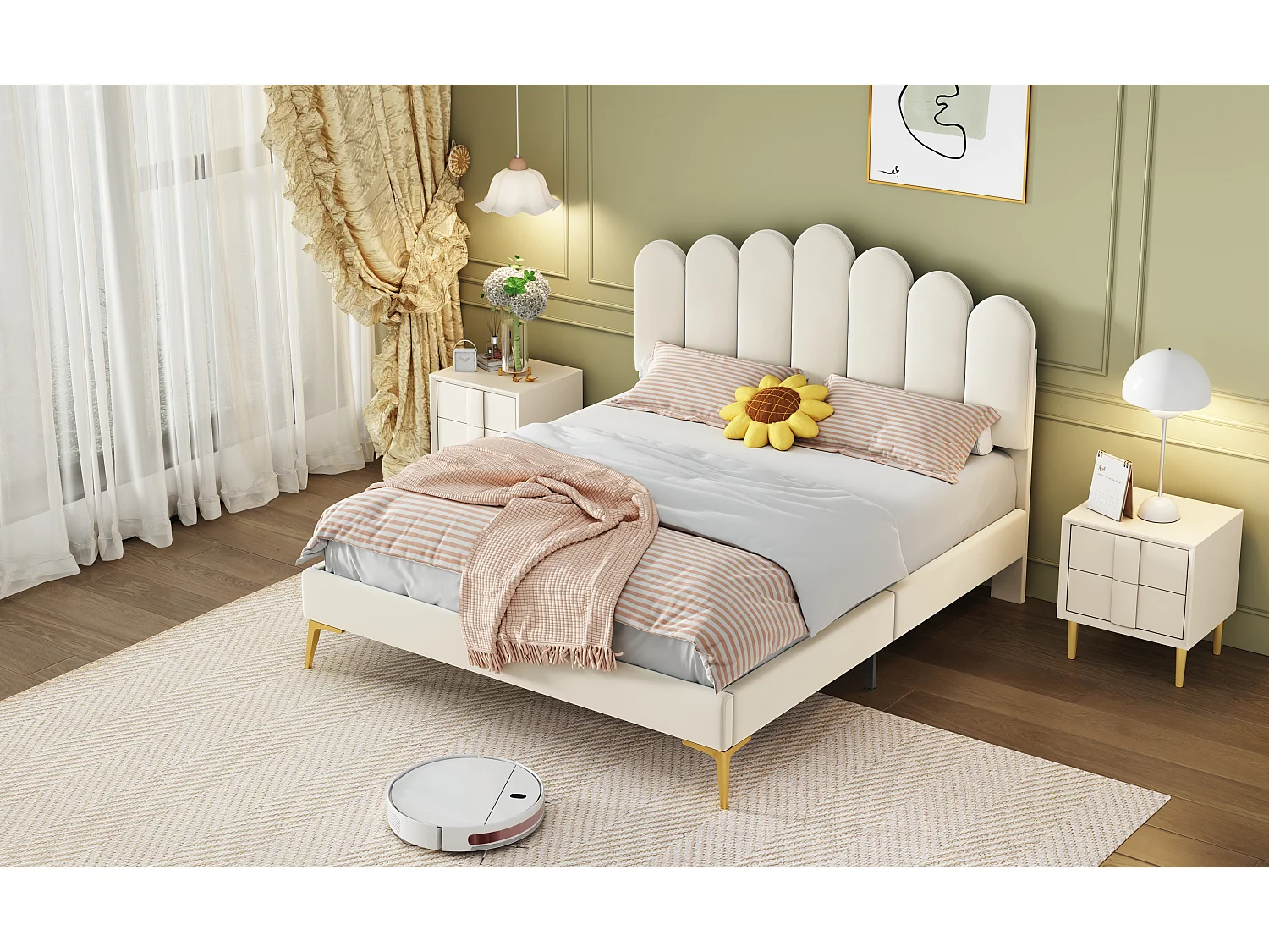 Lit rembourré 140x200 cm avec tête et sommier, velours beige, lit adulte ou junior, couchage supplémentaire