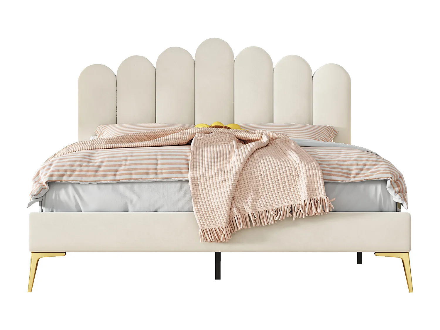 Lit rembourré 140x200 cm avec tête et sommier, velours beige, lit adulte ou junior, couchage supplémentaire