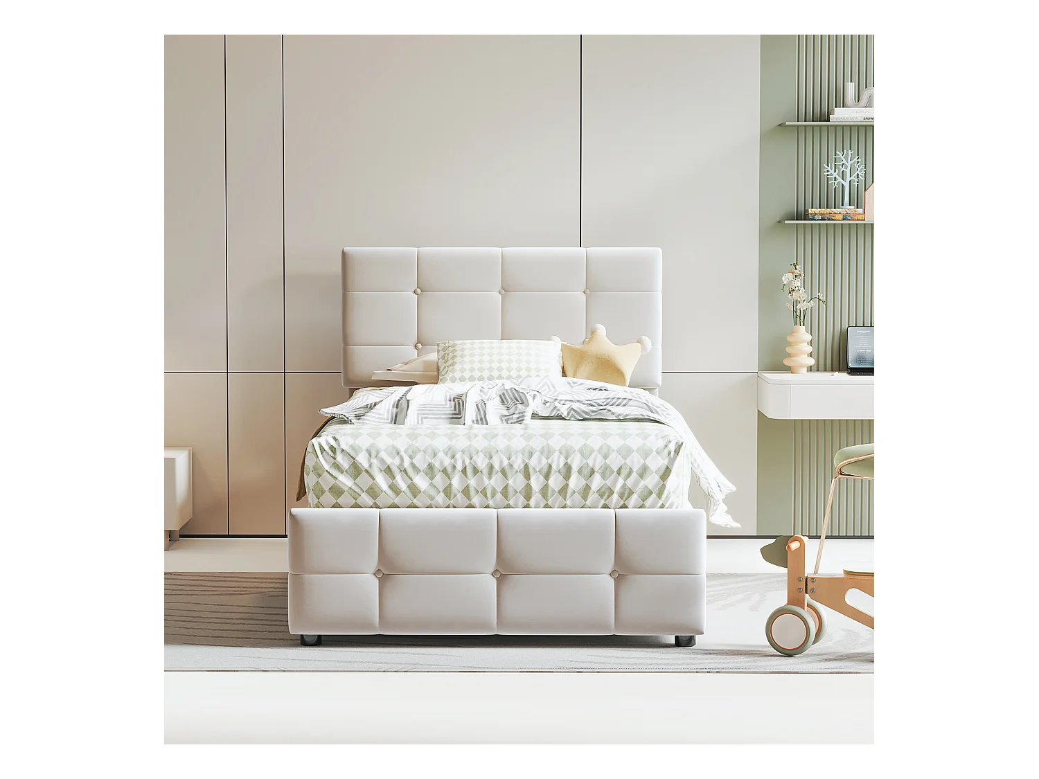 Lit enfant 90x200 cm, lit avec rangement hydraulique, tête de lit réglable, velours beige