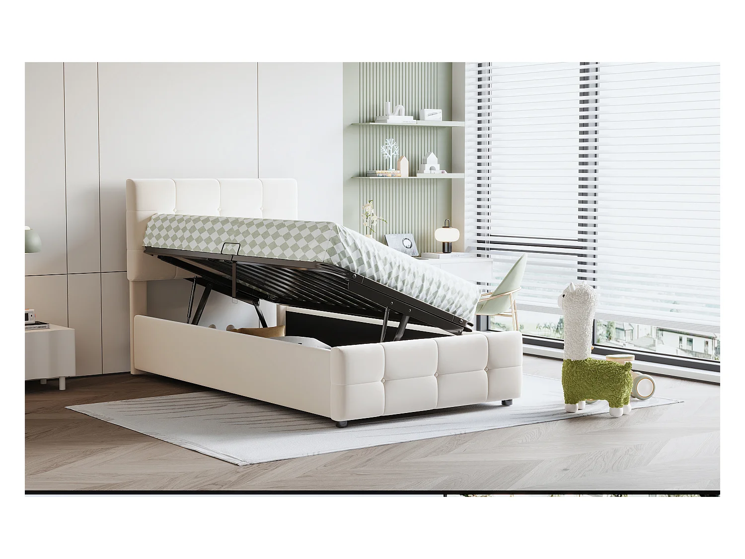 Lit enfant 90x200 cm, lit avec rangement hydraulique, tête de lit réglable, velours beige