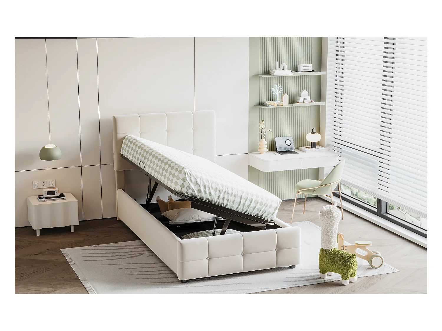 Lit enfant 90x200 cm, lit avec rangement hydraulique, tête de lit réglable, velours beige