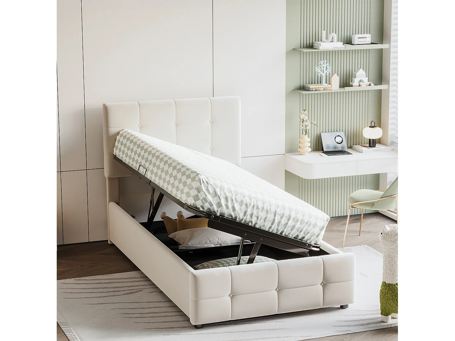 Lit enfant 90x200 cm, lit avec rangement hydraulique, tête de lit réglable, velours beige