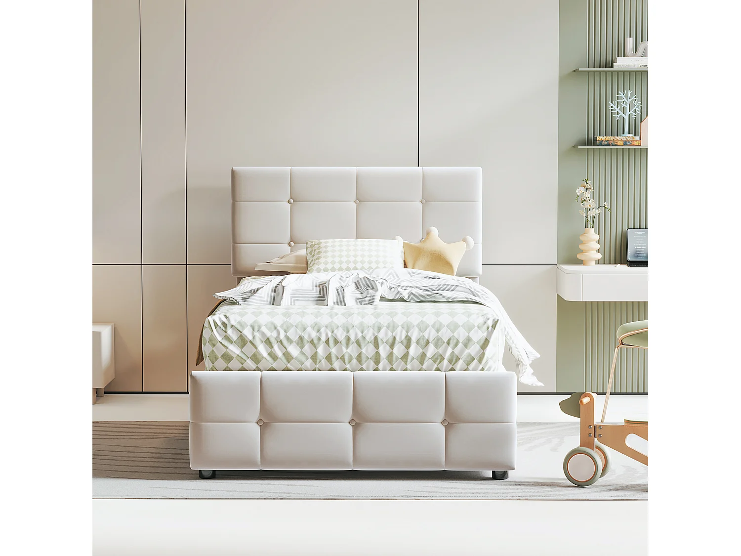 Lit enfant 90x200 cm, lit avec rangement hydraulique, tête de lit réglable, velours beige