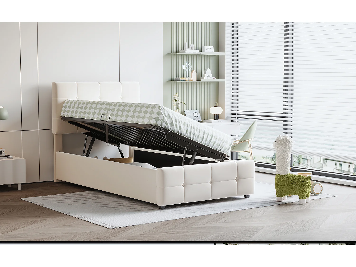 Lit enfant 90x200 cm, lit avec rangement hydraulique, tête de lit réglable, velours beige