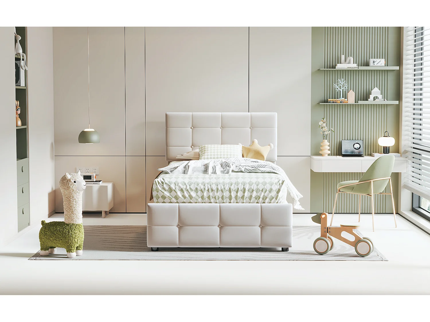 Lit enfant 90x200 cm, lit avec rangement hydraulique, tête de lit réglable, velours beige