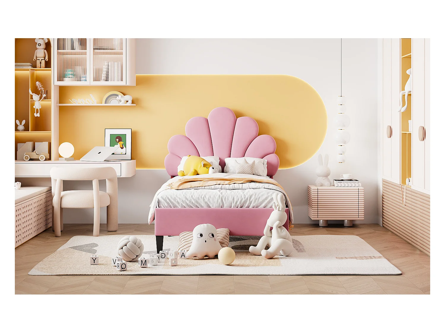 Lit rembourré 90x200 cm tête en forme de fleurs, sommier inclus, velours rose, lit fille multifonction