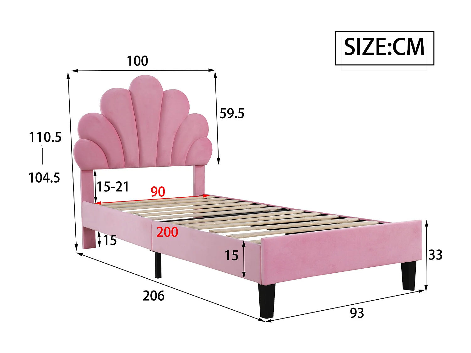 Lit rembourré 90x200 cm tête en forme de fleurs, sommier inclus, velours rose, lit fille multifonction