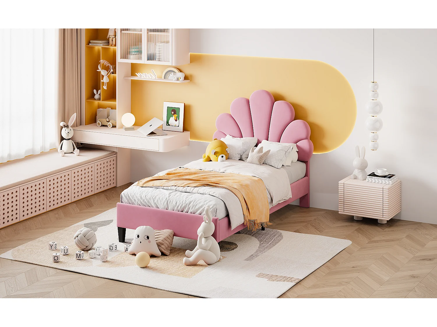 Lit rembourré 90x200 cm tête en forme de fleurs, sommier inclus, velours rose, lit fille multifonction