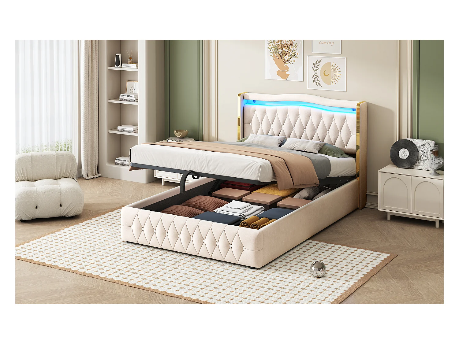 Lit double 140×200 cm, pieds larges avec rayures claires pour un maintien stable, éclairage LED changeant de couleur, système de rangement hydraulique