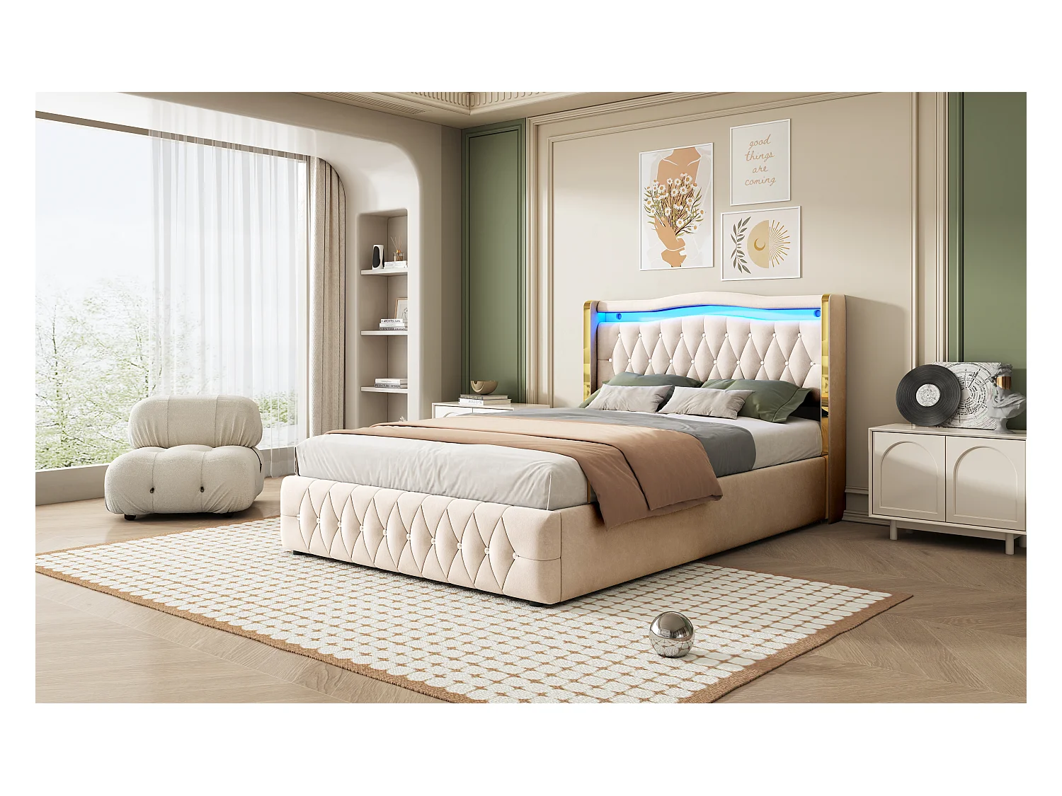 Lit double 140×200 cm, pieds larges avec rayures claires pour un maintien stable, éclairage LED changeant de couleur, système de rangement hydraulique