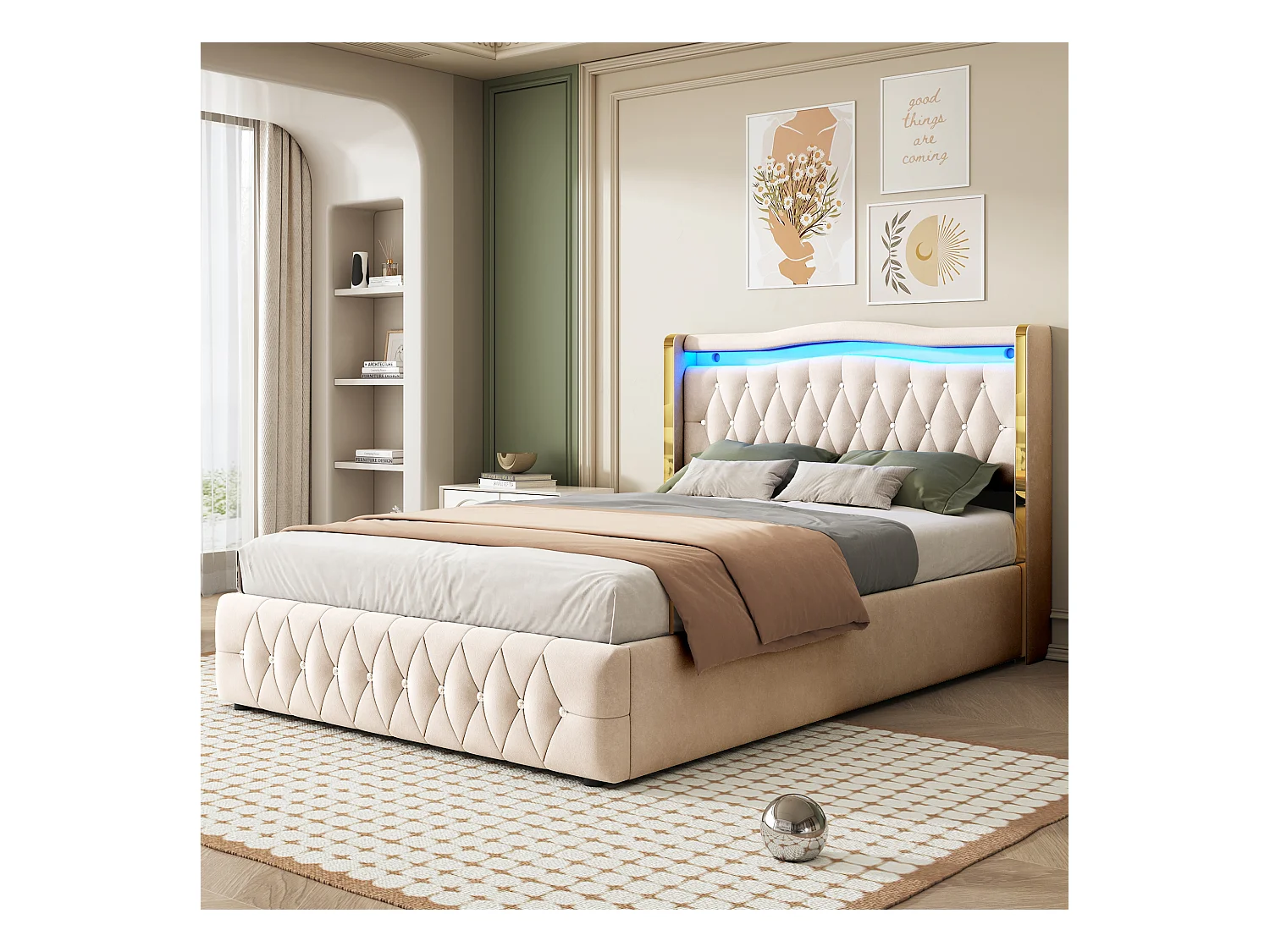 Lit double 140×200 cm, pieds larges avec rayures claires pour un maintien stable, éclairage LED changeant de couleur, système de rangement hydraulique