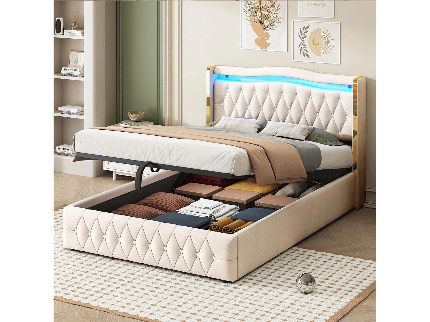 Lit double 140×200 cm, pieds larges avec rayures claires pour un maintien stable, éclairage LED changeant de couleur, système de rangement hydraulique