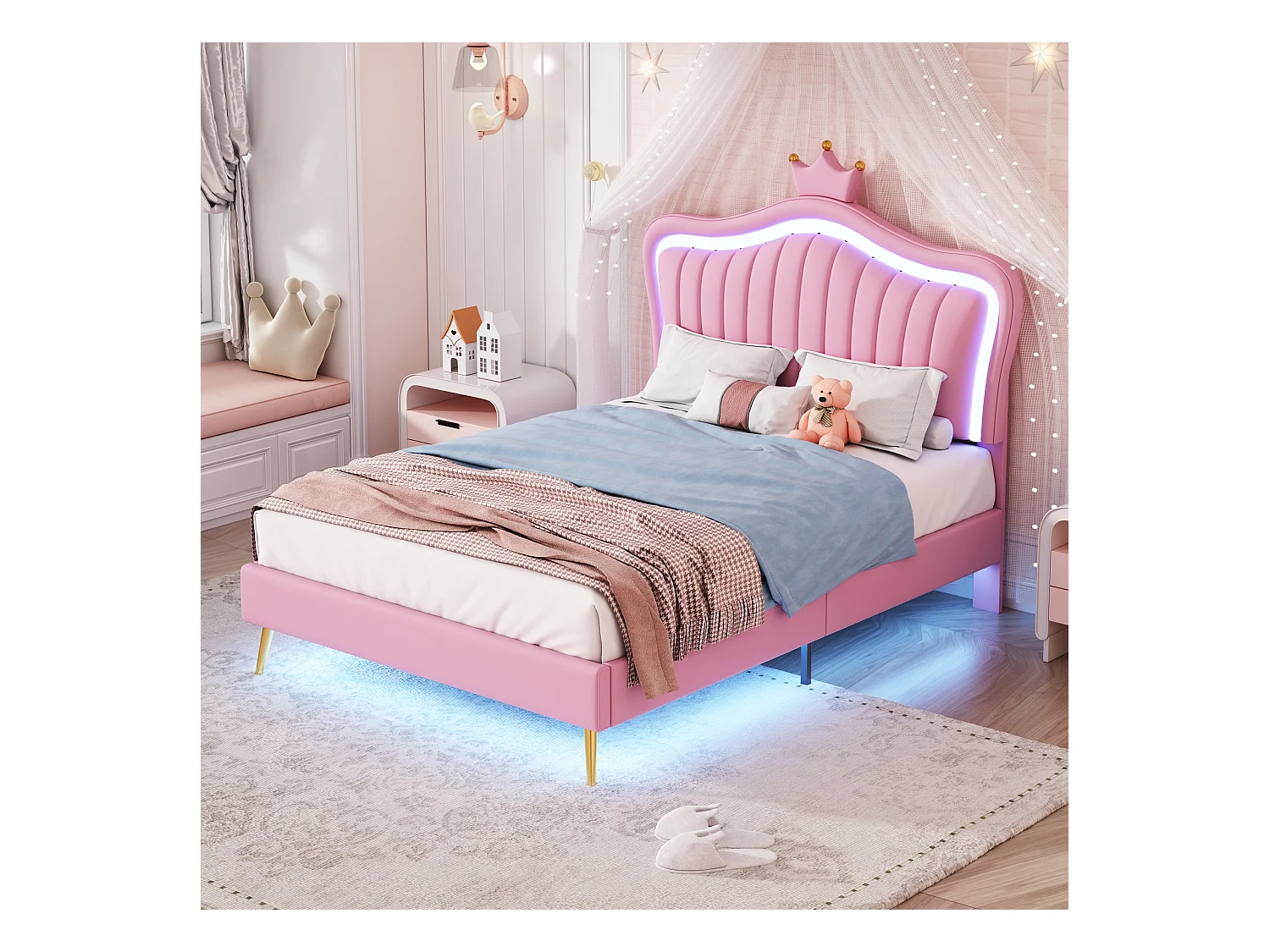 Lit rembourré 90x200 cm, lit fille couronne rose, PU cuir, LED, tiroirs et sommier inclus
