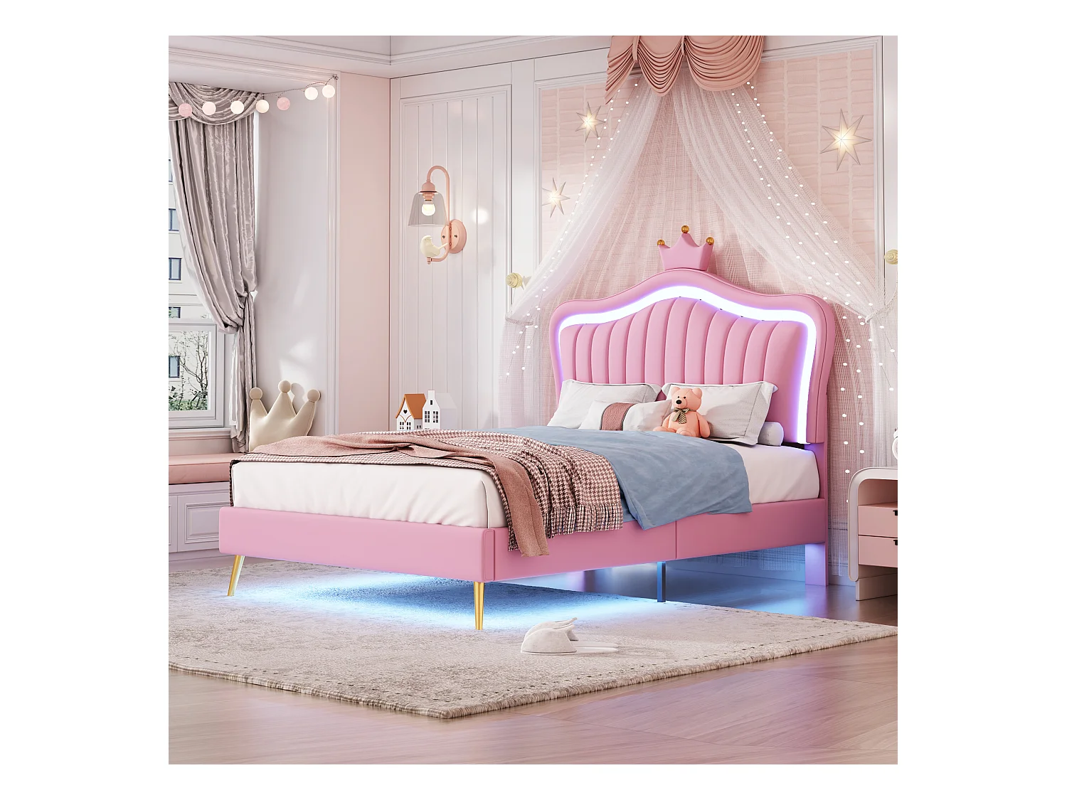 Lit rembourré 90x200 cm, lit fille couronne rose, PU cuir, LED, tiroirs et sommier inclus