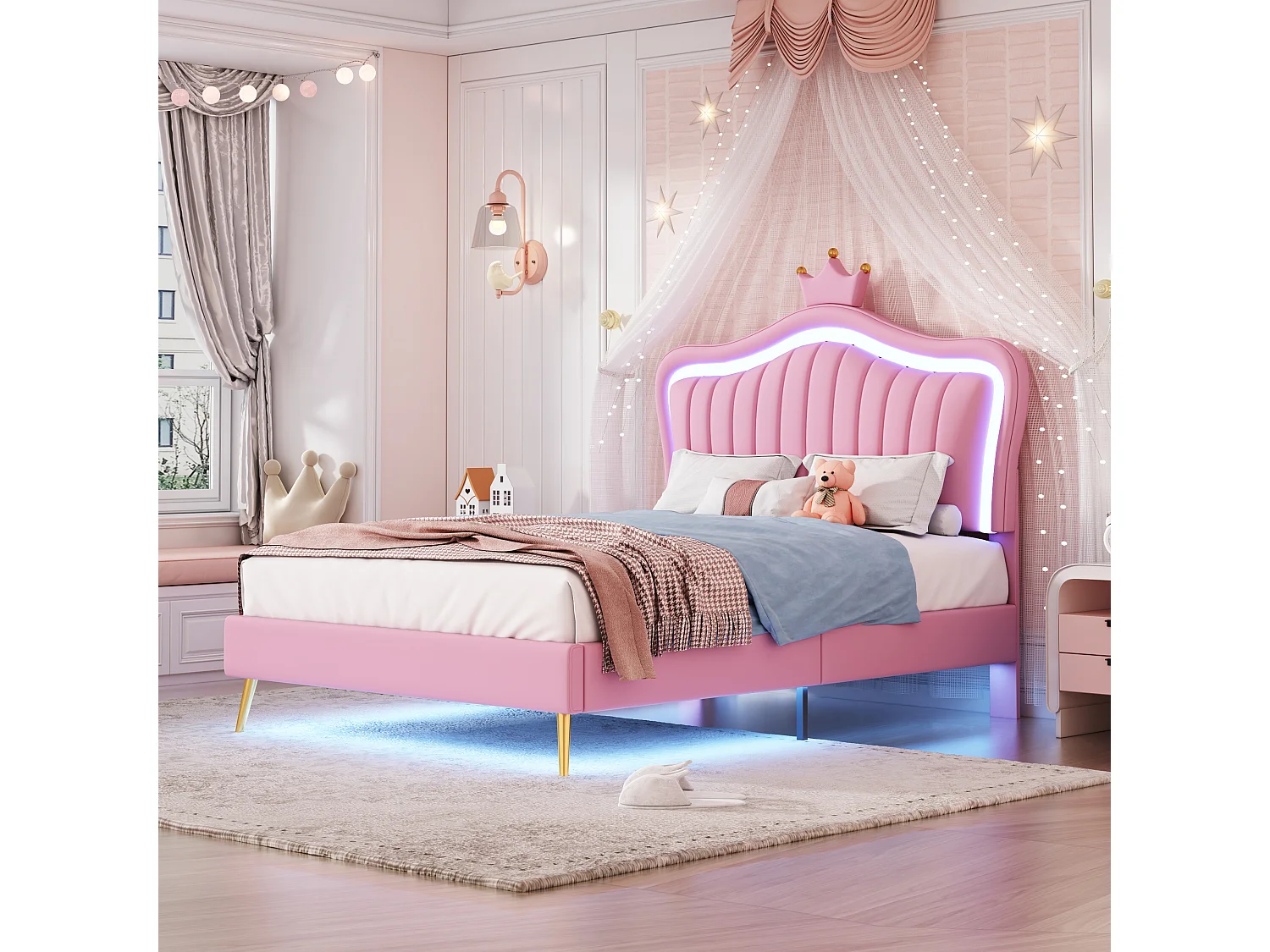 Lit rembourré 90x200 cm, lit fille couronne rose, PU cuir, LED, tiroirs et sommier inclus