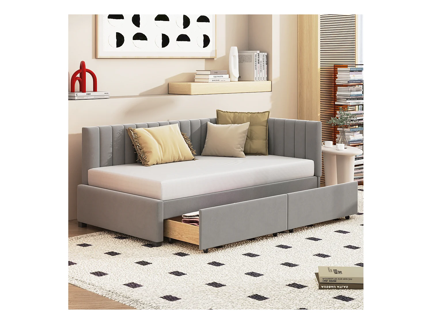 Lit multifonction 90×200 cm en velours gris avec 2 grands tiroirs de rangement et sommier à lattes