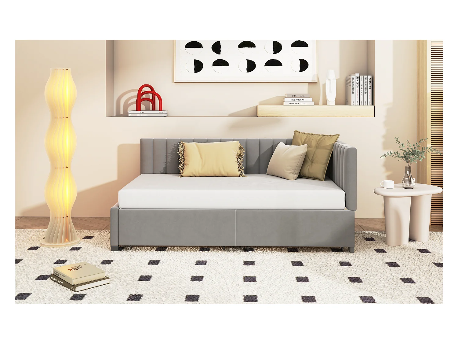 Lit multifonction 90×200 cm en velours gris avec 2 grands tiroirs de rangement et sommier à lattes