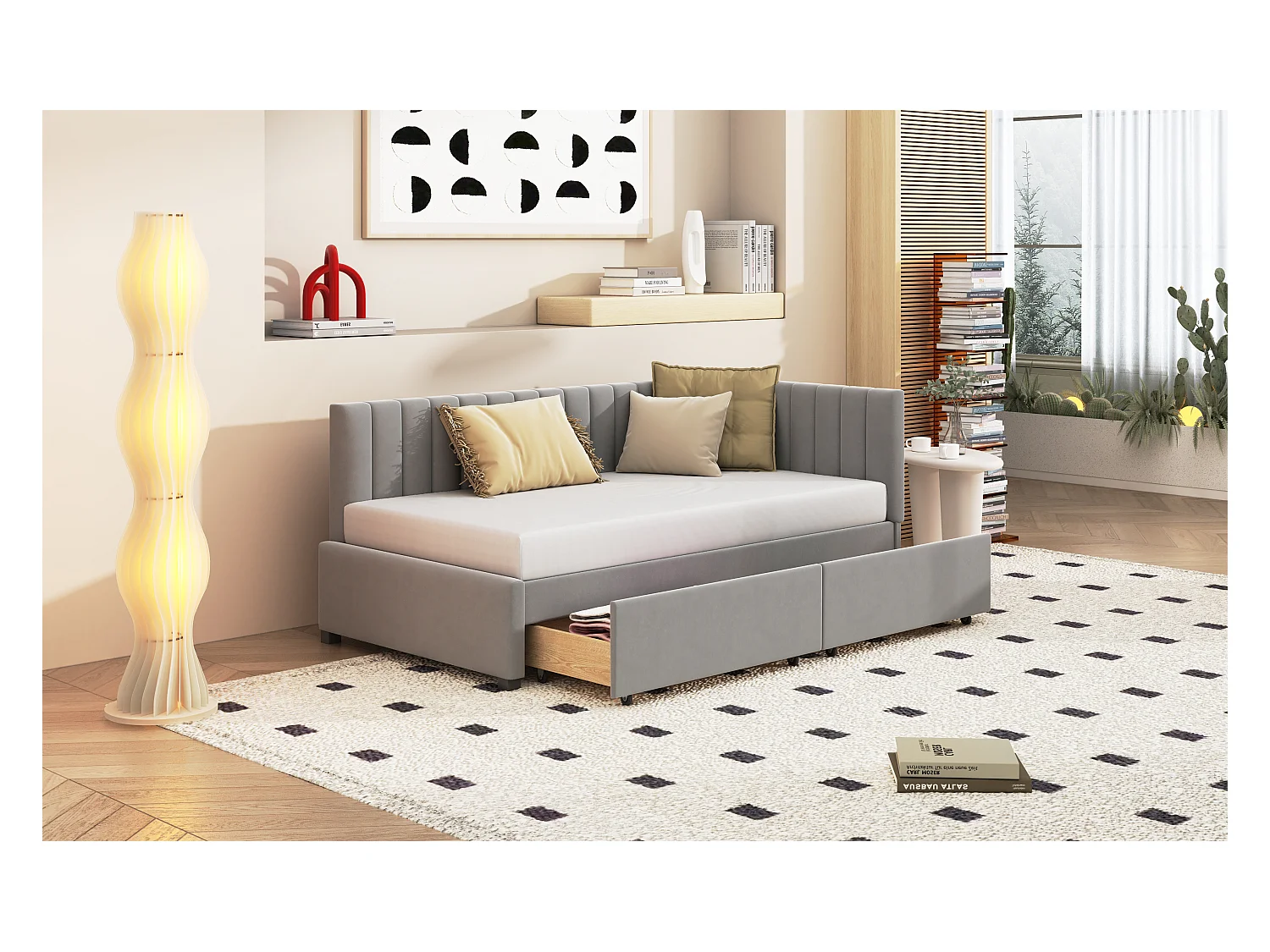 Lit multifonction 90×200 cm en velours gris avec 2 grands tiroirs de rangement et sommier à lattes