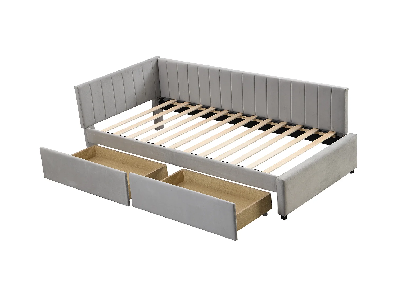 Lit multifonction 90×200 cm en velours gris avec 2 grands tiroirs de rangement et sommier à lattes