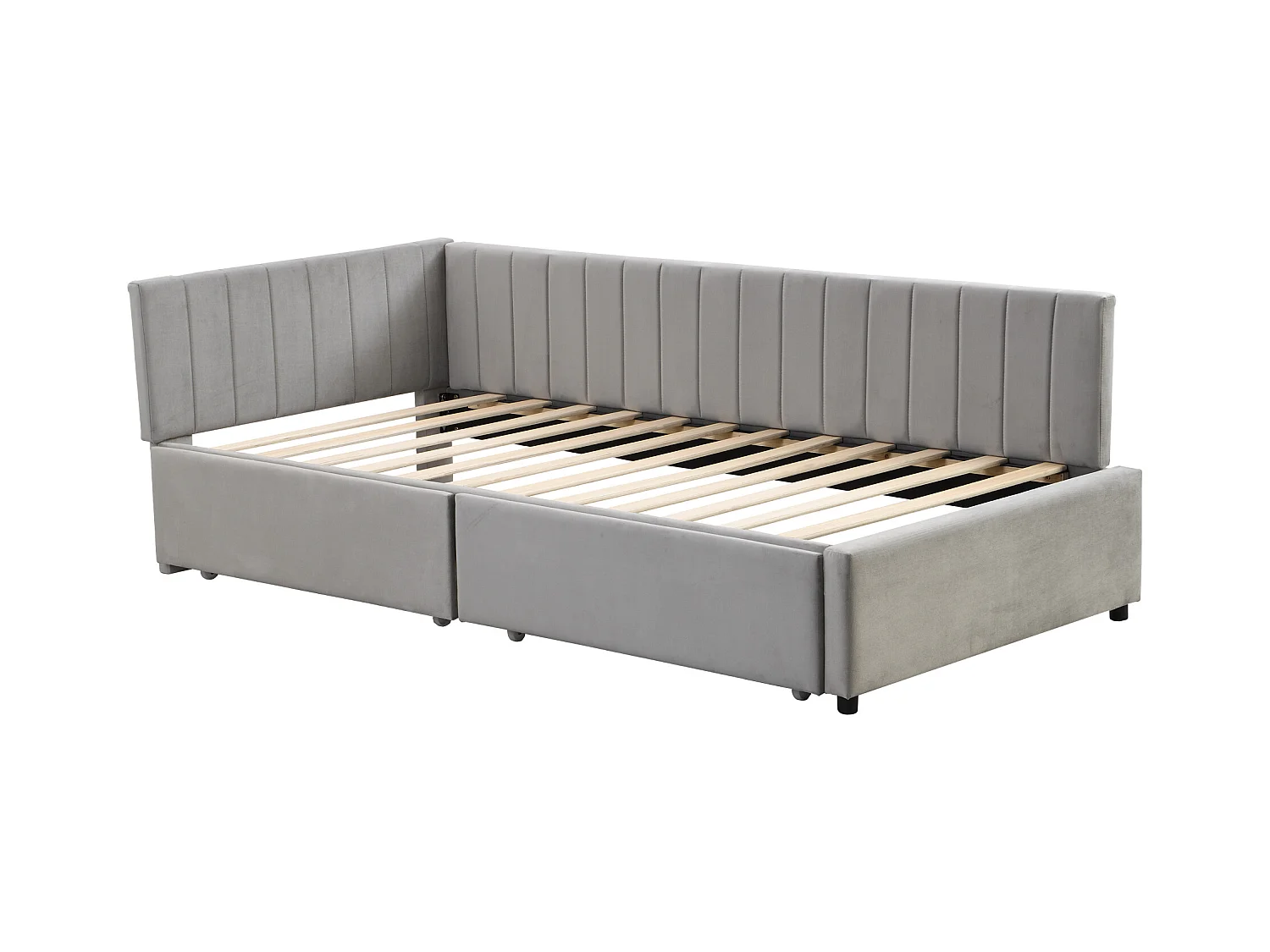 Lit multifonction 90×200 cm en velours gris avec 2 grands tiroirs de rangement et sommier à lattes