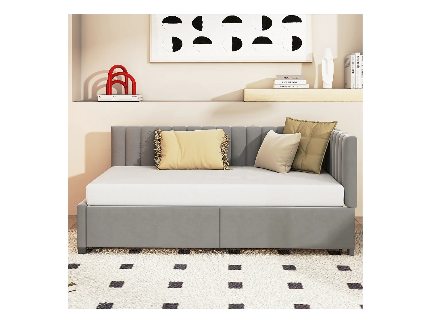 Lit multifonction 90×200 cm en velours gris avec 2 grands tiroirs de rangement et sommier à lattes