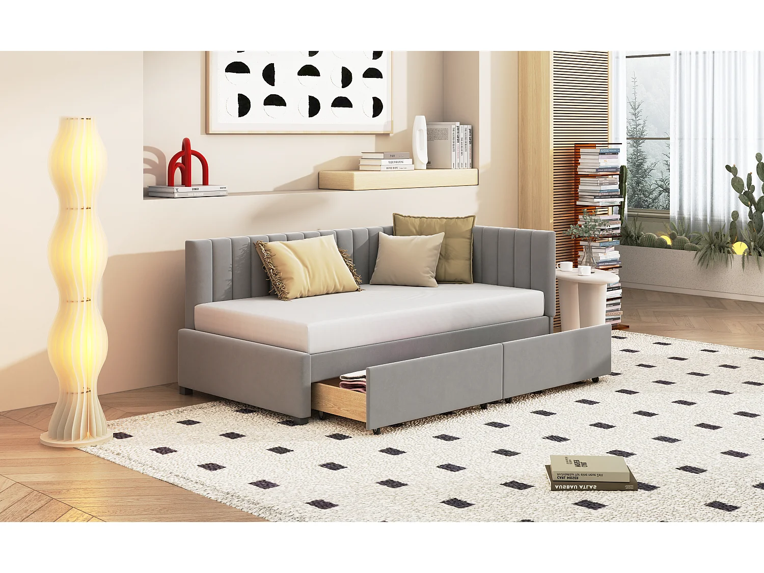 Lit multifonction 90×200 cm en velours gris avec 2 grands tiroirs de rangement et sommier à lattes