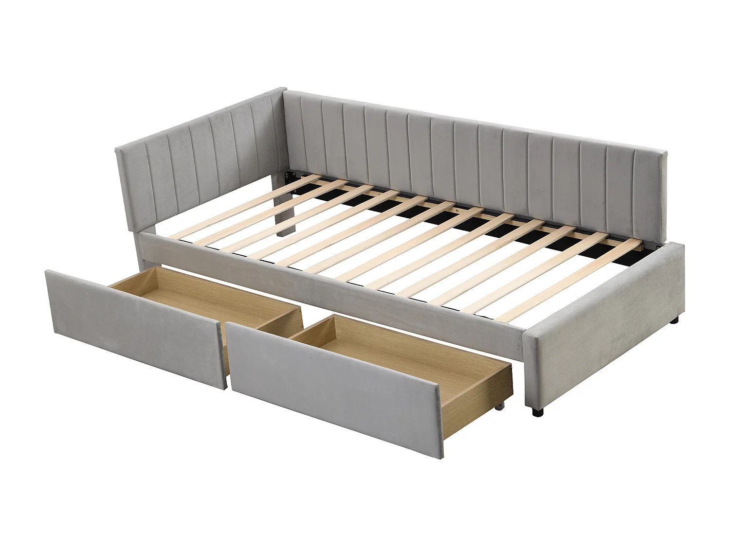 Lit multifonction 90×200 cm en velours gris avec 2 grands tiroirs de rangement et sommier à lattes