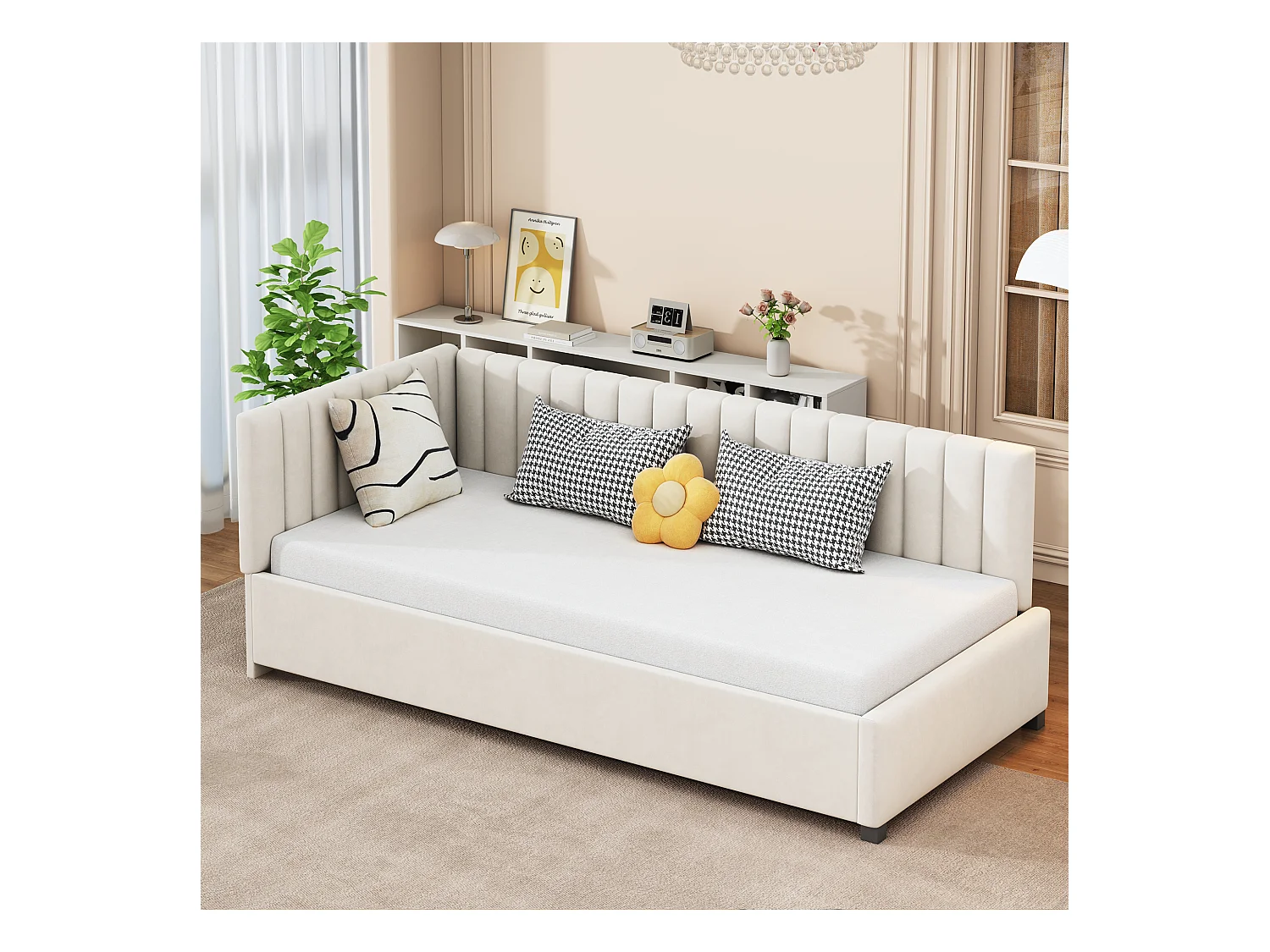 Lit multifonctionnel 90×200 cm en velours beige avec échelle et barrières de sécurité