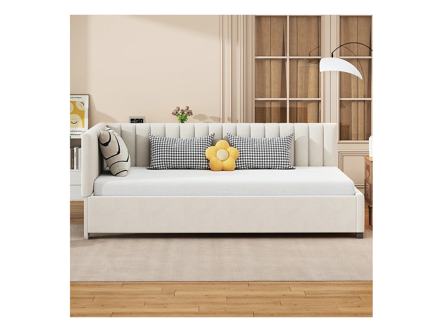 Lit multifonctionnel 90×200 cm en velours beige avec échelle et barrières de sécurité